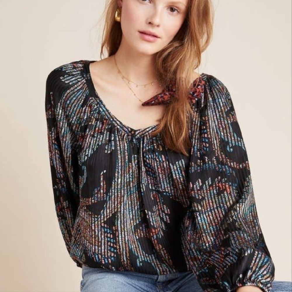 Maeve Anthropologie Madeira Burnout satin blouse Black V-Neck shirt